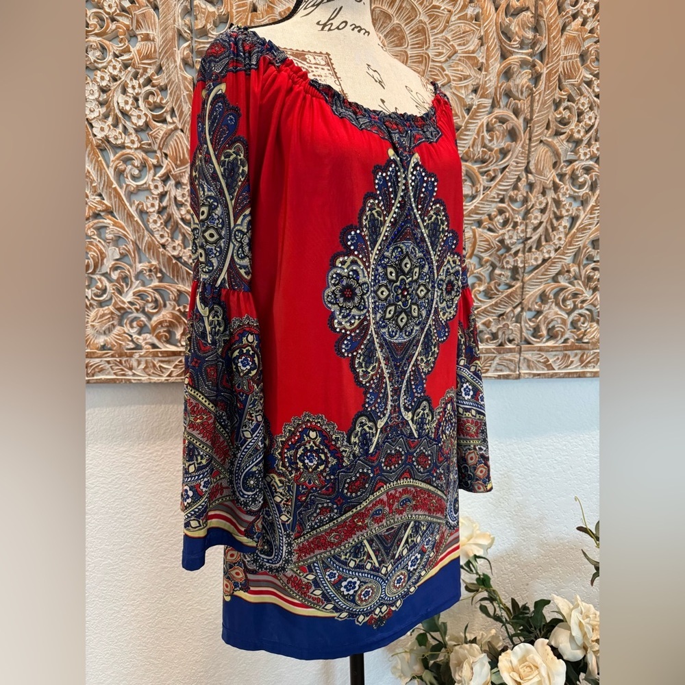 Urban Mangoz Red & Blue Medallion Relaxed Fit Cool Wrinkle Free Mini Dress- M - Picture 4 of 12